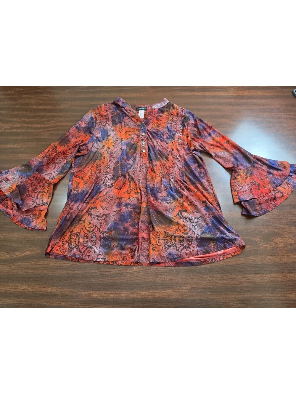Cocomo Medium Red Purple Sheer Mesh Long Bell Sleeve Blouse Y2K Grunge Fairy Top